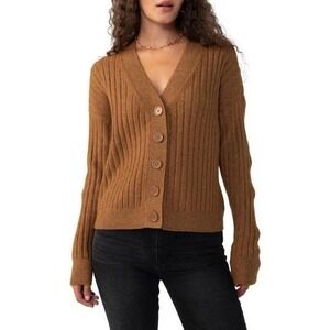 Sanctuary Brown Ribbed Knit V-Neck Button-Up Long Sleeve Cardigan Small